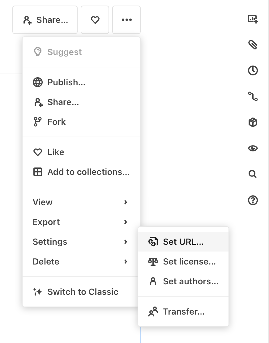 A screenshot of the notebook menu opened up to Settings>Set URL.